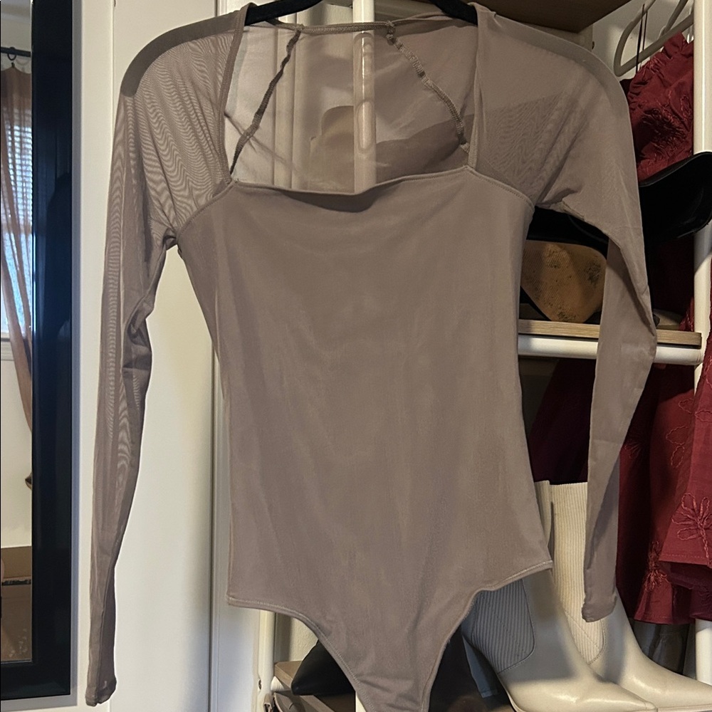 Abercrombie & Fitch Sheer Long Sleeve Bodysuit - Taupe